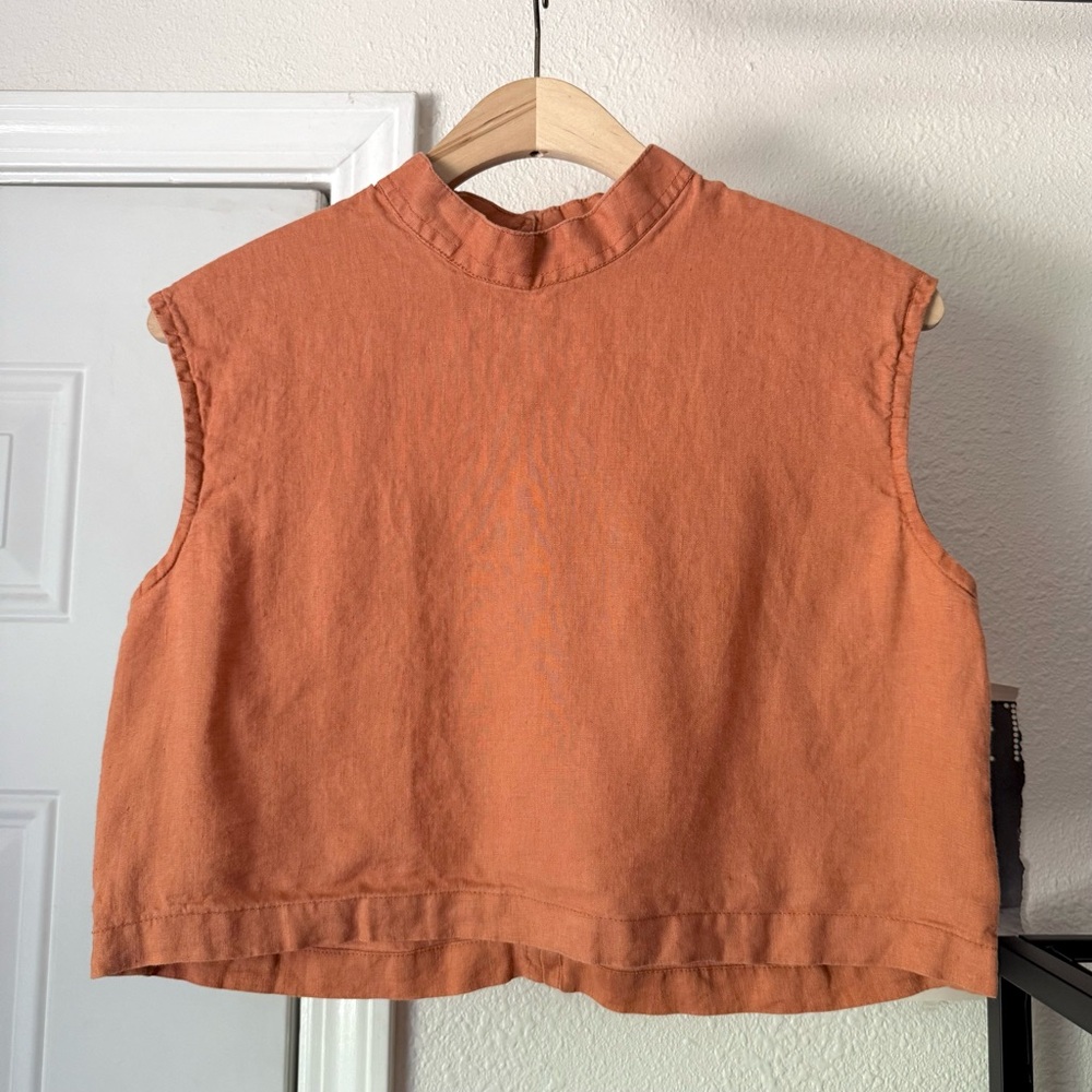 MONDO BELLISSIMO Orange peach linen boxy cropped mock neck sleeveless tank top
